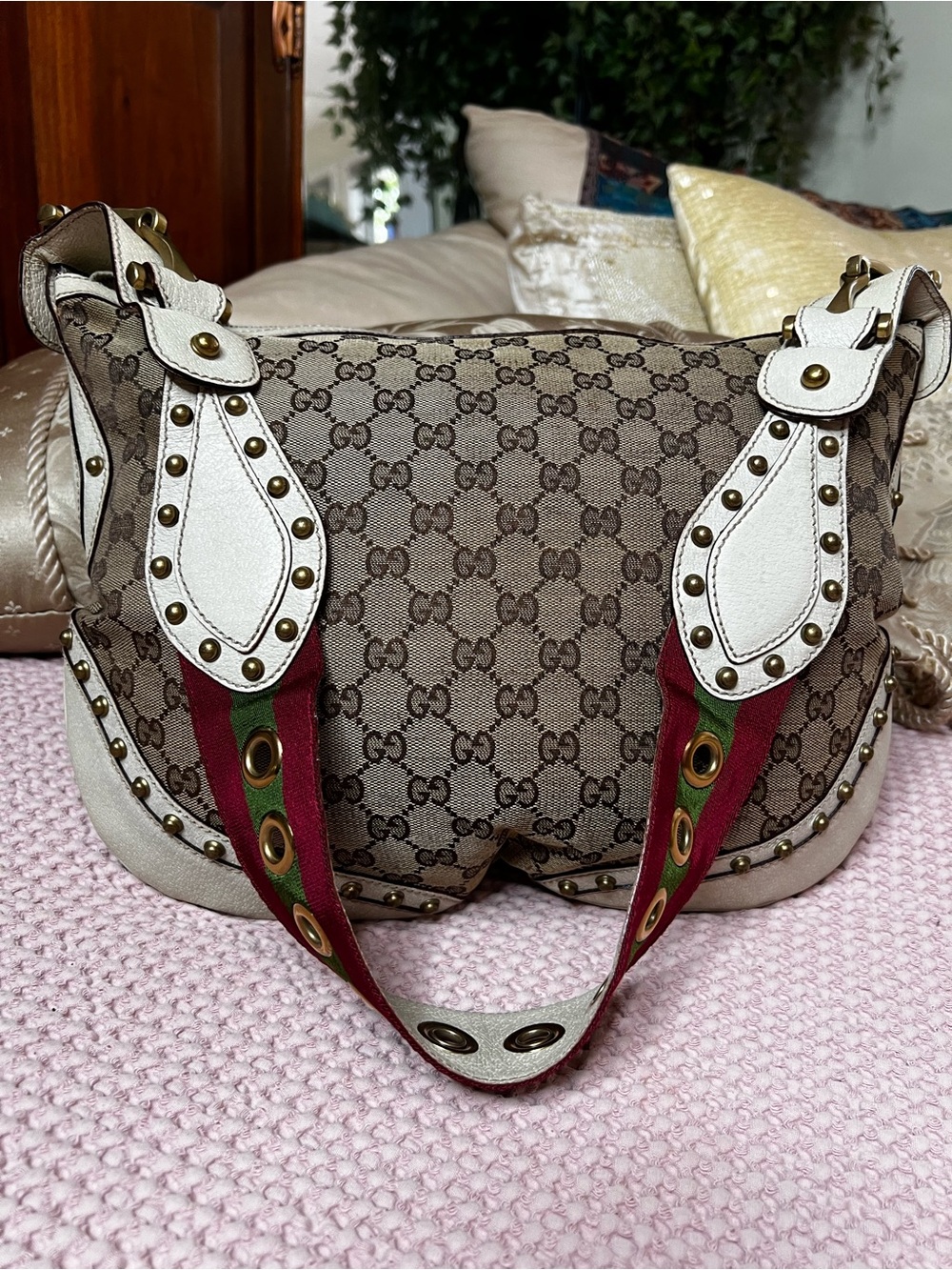 Gucci Pelham GG Monogram Web Studded Canvas Shoulder Hobo Bag